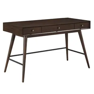 Mesa de madeira marrom moderna com gavetas, pernas de metal, mesa elegante para escritório doméstico, mesa para escrever, madeira e metal, com armazenamento