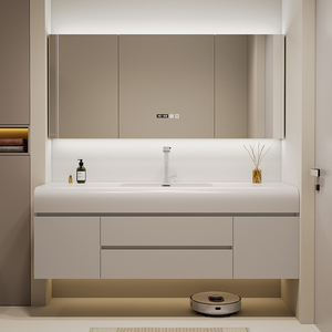 New Smart Square Bathroom Vanity with LED Anti-Fog Mirror Cabinet Wall Mounted White Washbasin with Time Display - Product Image 1