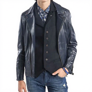 Chaqueta de Cuero Azul Auténtico para Hombre, con Cierre Asimétrico, Hombros Acolchados, Estilo Motero, Personalizada en Azul Marino Oscuro, Ropa de Invierno - Product Image 1