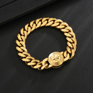 Pascua Fe Regalos Cruz León Brújula Joyería antideslustre 18K Chapado en oro Acero inoxidable Hombres Miami Cuban Link Chain Bracelet - Product Image 4