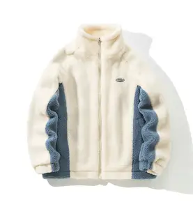 Giyim ceket özelleştirilmiş kış renk engelleme sherpa polar gevşek rahat stand-up yaka renk-blok fermuarlı ceket