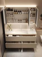 Ensemble de meuble-lavabo de salle de bain moderne de luxe couleur crème avec vasque intégrée - Meuble en bois d'hévéa massif, miroir inclus - Idéal pour hôtels et appartements haut de gamme