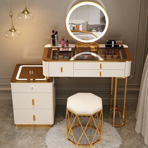 Nouvelle coiffeuse moderne avec rangement, miroir <span class=keywords><strong>LED</strong></span> réglable, chargeur <span class=keywords><strong>sans</strong></span> <span class=keywords><strong>fil</strong></span>, table de maquillage en verre trempé pour chambre à coucher - Product Image 1