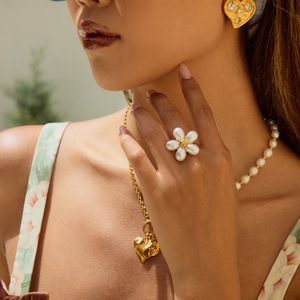 Pearl Flower <b>Open</b> <b>Ring</b> Gold Plated Five Petal Women's Jewelry Everyday Wear - Product Image 4