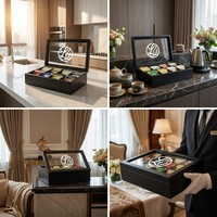 Boîte à thé Landy en MDF noir, organisateur de rangement à 8 compartiments avec couvercle en verre pour garde-manger, vente en gros, fabricant