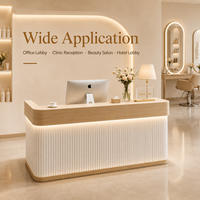 Comptoir de réception moderne à coins arrondis avec LED, surface douce cannelée en MDF, bureau d'accueil personnalisé pour salon de beauté, institut de manucure, clinique