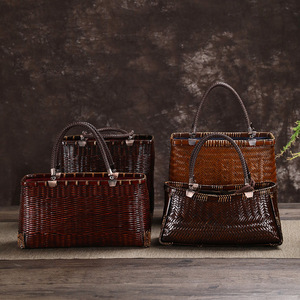 Bamboo Woven <b>Handbag</b> Women's <b>Small</b> Bag Retro Style Velvet Lining Durable Commuter Bag - Product Image 2