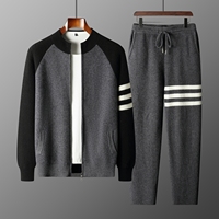 Ensemble de survêtement en tricot 2 pièces pour homme, 100% laine, cardigan zippé et pantalon, coupe oversize, à capuche, manches rayées, décontracté
