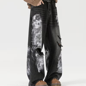 Jeans pour homme en denim délavé rétro Y2K, streetwear asymétrique, pantalon baggy graffiti, vintage déchiré, lavé, effet whisker - Product Image 2