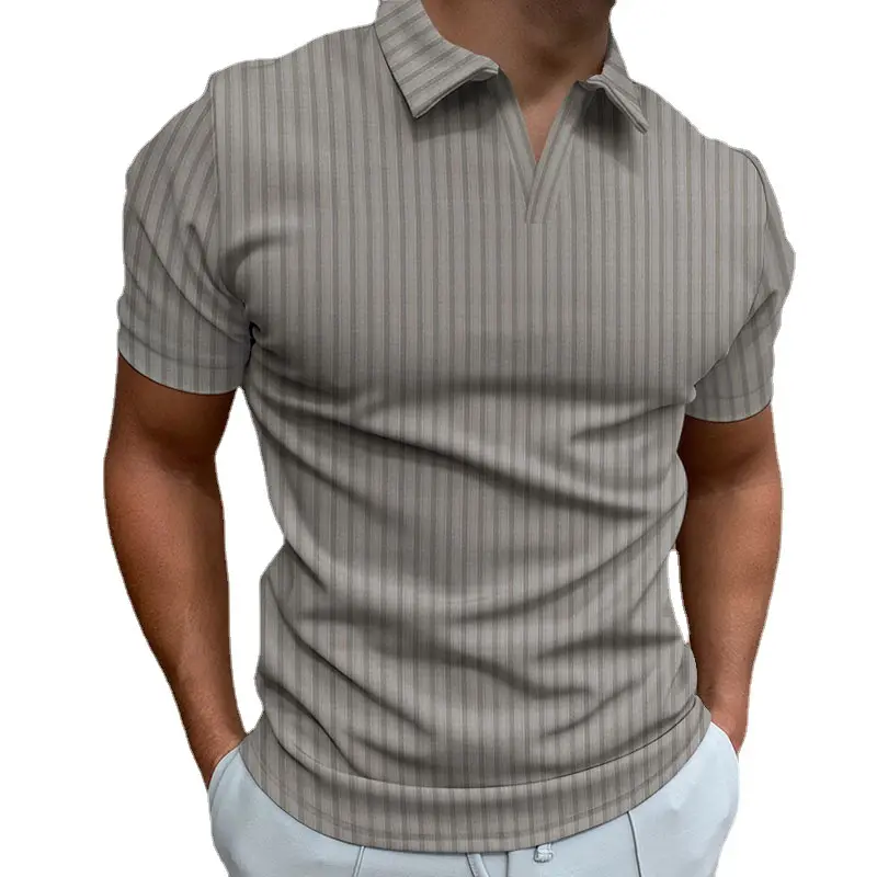 Kaus Pullover Bergaris Pria, Kaus Kerah V Lengan Pendek Kasual Warna Polos untuk Pria