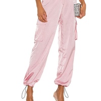 Pantalon cargo décontracté en satin rose pour femmes, taille haute, avec poche, taille plus, ceinture