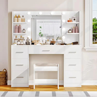 Meuble de chambre moderne blanc avec rangement, coiffeuse en bois à sept tiroirs éclairée avec miroir