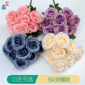 ดอกไม้ประดิษฐ์รูปดอกกุหลาบแอนนา9หัวดอกไม้ทำจากผ้าไหมสำหรับตกแต่งบ้านงานแต่งงาน