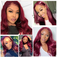 Wig Rambut Asli Body Wave 99J Merah, Wig Rambut Asli Lace Front Warna Burgundy Piano, Wig HD Lace Front untuk Wanita Kulit Hitam