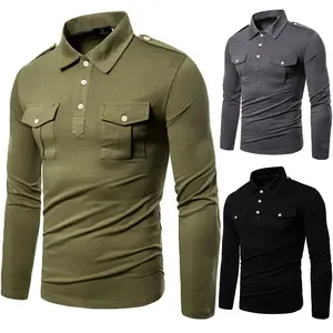 High-quality military style 2020 new autumn lapel long sleeve T-shirt with pocket for men