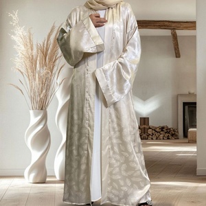Super Sale 9.9USD Abaya Fashion Feather Print Smooth Satin Loose Cardigan Women Open Abaya <b>Kaftan</b> Islamic Clothing 1948# - Product Image 4