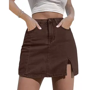 Skorts rok Mini Denim wanita, bawahan elastis pinggang tinggi dengan belahan samping untuk perempuan