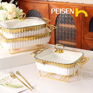 11 pouces rectangulaire en céramique chauffe-plats pot à soupe vaisselle bougie feu chauffage céramique <span class=keywords><strong>casserole</strong></span> sèche pot avec support doré - Product Image 4