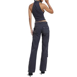 Y2K Fashion Vintage <b>Grey</b> 100% Cotton Zip up High Halter Neck <b>Cargo</b> Top <b>Women</b> Cropped Top - Product Image 5