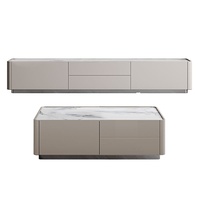 Ensemble meuble TV et table basse nordique moderne minimaliste, plateau en pierre brillant, structure en métal et bois, pour petit appartement, salon, luxe léger