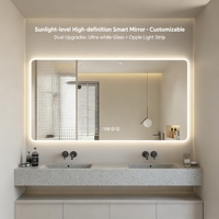 Miroir de salle de bain intelligent moderne en acier inoxydable rectangulaire, homologué IP44, à fixation murale, avec écran tactile LED et interrupteur à capteur