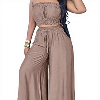 Ensemble deux pièces décontracté pour femme, haut tube plissé court sans bretelles et pantalon large, imprimé animal, en polyester, tenue printemps/été