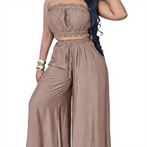 Women's Strapless Loose Tube Top With Wide Leg Pants Two <b>Piece</b> <b>Set</b> Solid Color Casual Spring Summer Outfit - Product Image 2