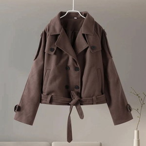 2026秋冬ファッション レースアップ ダブルブレスト 長袖ジャケット ハイストリートウェア レディース 無地 ショートトレンチコート - Product Image 4