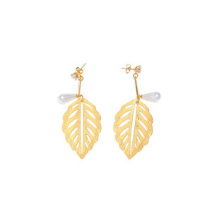 Fashion Drop Earrings <b>Gold</b> Plated Leaf Design With Pearl Studs For Women Jewelry - Product Image 2