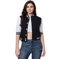 Jaket Varsity Wanita Hitam Putih Lengan Panjang Kerah Kancing Panjang Pendek Warna Kontras Bahan Poliester
