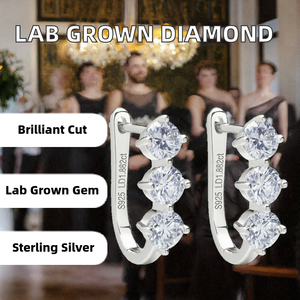 Pendientes de Plata de Ley 925 con Tres Diamantes Cultivados en Laboratorio, Corte Brillante Redondo, Joyería Clásica para Mujer - Product Image 2