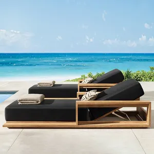 休闲家具日光浴躺椅，带脚轮柚木躺椅木制日光浴躺椅，用于海滩游泳池