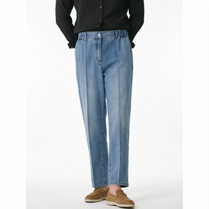 Barrel-Leg Denim <b>Jeans</b> Front Seam <b>Elasticated</b> Waistband Wholesale OEM Custom Bulk High Quality Factory For Men And Women - Product Image 1