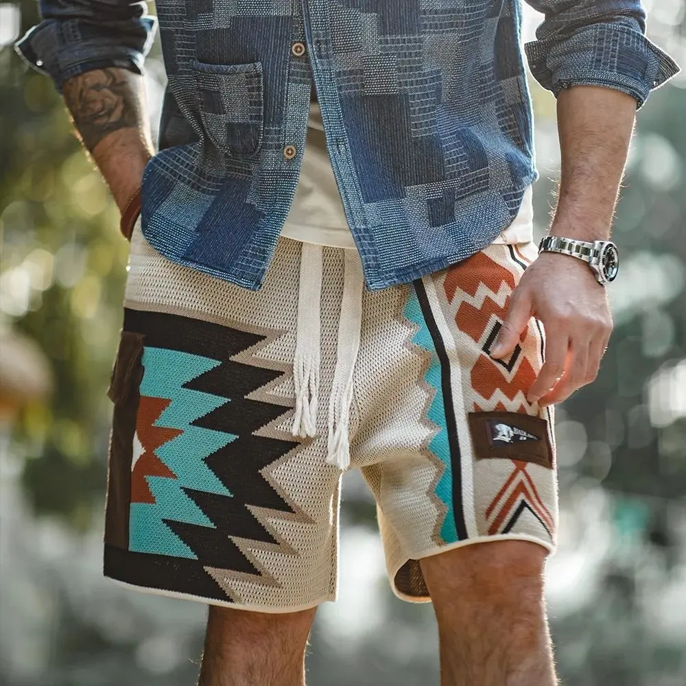 Maden Vintage Navajo Totem in maglia sportiva corta da uomo Casual ricamato da spiaggia pantaloni corti con coulisse elasticizzati da uomo