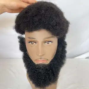 Capelli umani Afro Curl Face barba baffi per uomini neri americani trucco realistico Base in pizzo sostituire il sistema