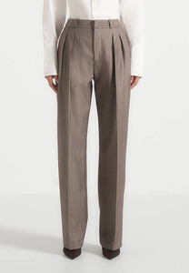 Pantalon droit plissé taille haute pour femme, en mélange de laine et polyester rayé, longueur complète, formel, pour l'automne, infroissable - Product Image 5
