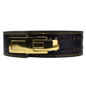 Huzu Enterprises Black Cowhide Leather Lever <b>Belt</b> Gold Buckle Adjustable Weightlifting Powerlifting Waist Support for <b>Men</b> - Product Image 1