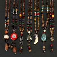 YL vente chaude polyvalent pour hommes et femmes pull de Style ethnique rétro avec longue chaîne coton lin vêtements accessoires en bois