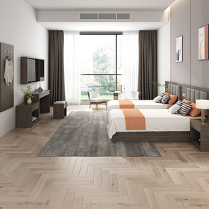 Suite <span class=keywords><strong>de</strong></span> <span class=keywords><strong>lit</strong></span> double en bois gris pour hôtel, avec tête <span class=keywords><strong>de</strong></span> <span class=keywords><strong>lit</strong></span> rembourrée à quatre compartiments, rangement intégré et rainures verticales lumineuses - Product Image 2