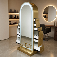 Miroir de Coiffeur Double Face de Luxe Moderne en Acier Inoxydable et Verre, Station de Travail pour Salon de Beauté et Spa avec Tiroirs Multiples