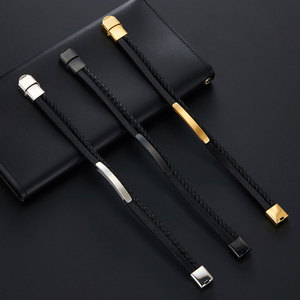 Bracelet pour homme en acier inoxydable 316L personnalisé, gravé, plaqué or 14k 18k, bracelet en cuir tressé multi-couches tendance pour homme - Product Image 1