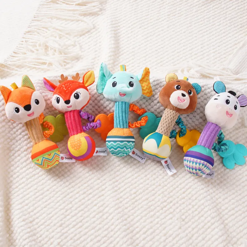 Animal stuffed Manufacturer Soft Baby Sensory Rattles Sticks baby Plush Hand Rattle with teether