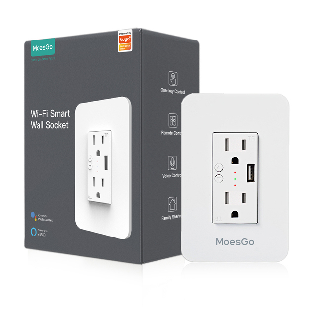 WiFi Smart Power Wall Socket with USB, 2 Plug Outlets 15 Amp Divided Control, Smart Life/Tuya APP Remote Timer and Counterdown
