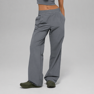 Pantalon large taille haute pour femme, couleur unie, coupe ample, taille élastique, respirant, décontracté, longueur complète, en polyester - Product Image 4