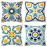 Housse de coussin en polyester imitation lin style bohème, résistante à la décoloration, imprimée bleue, pour décoration