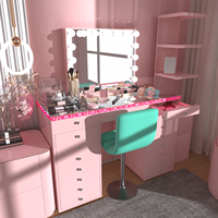 Coiffeuse rose Bureau de maquillage rose 13 tiroirs Haut-parleur Bluetooth Coiffeuse avec lumière LED Table de vanité rose pour le maquillage