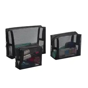 Gelory Portable Foldable Zipper Black Mesh Makeup Pouch Bag Travel Cosmetic Organizer Case Bag