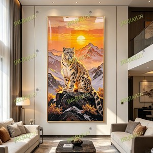 Luxury Snow Leopard Wall Art Full Moon Mountain Scene Wild Animal Wall Crystal Porcelain <b>Painting</b> LED Living Room Home Decor - Product Image 1
