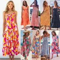 2022 Summer Long Backless Beach Bohemian Dresses Ladies Straps Square Neck Floral Maxi Casual Boho Maxi Dress With Logo Print