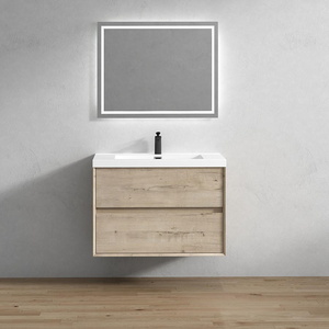 Mobile Bagno Moderno da <span class=keywords><strong>32</strong></span> <span class=keywords><strong>Pollici</strong></span> con Lavabo Singolo, 2 Cassetti, in Rovere, Piccole <span class=keywords><strong>Dimensioni</strong></span>, Montaggio a Parete, Set Multidimensionale in MDF e Compensato, 2 Lati - Product Image 3